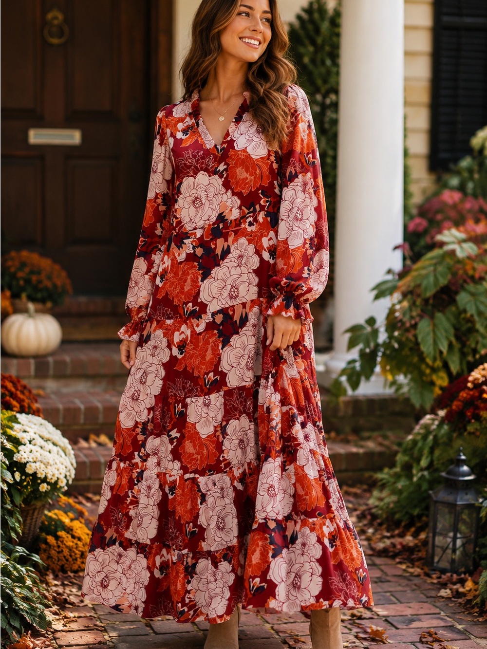 Mud Pie Simone Maxi Dress Small Red Floral Tiered Boho Long Sleeve NWT